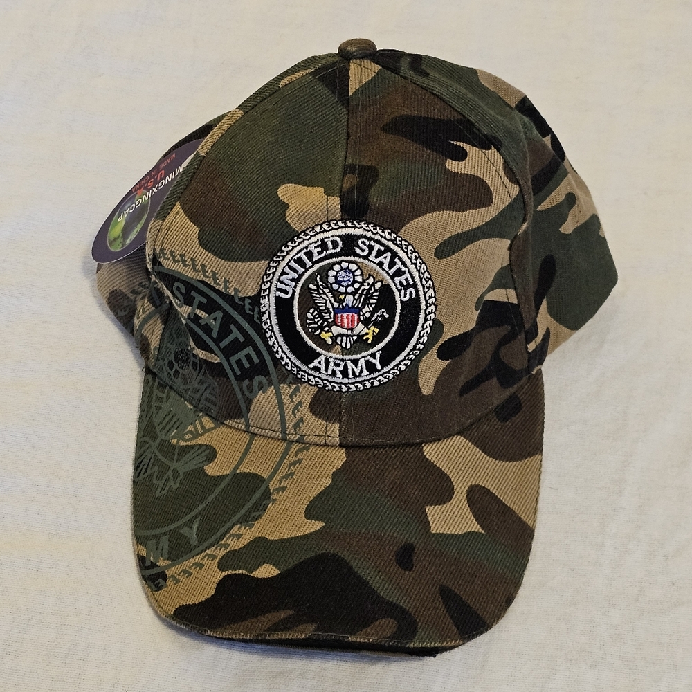 NWT US Army Embroidered Baseball Cap Hat Camo Wool Crest Military Adjustable
